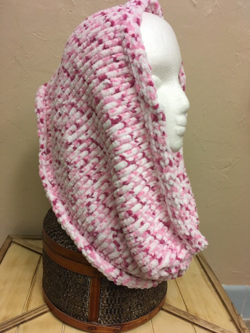 Cowl Head Scarf Hooded Scarf in Pink and White Infinity Scarf