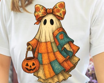 Retro halloweenspook png, blauw denim patchwork boe-geroep, schattig coquette spookachtig spook, herfstpompoen png, trendy spookachtig seizoensontwerp