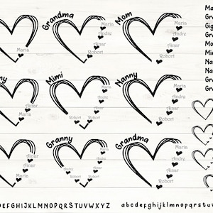 May include: Black and white heart-shaped designs with names like "Mama," "Grandma," and "Mom" are displayed. Each heart has names like "Maria," "Andre," and "Robert" inside. Additional heart outlines and alphabets are also shown.