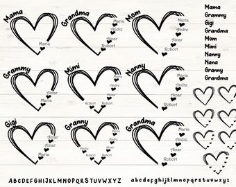 Aangepaste hart kleinkinderen naam Svg, gepersonaliseerde Mama Cricut ontwerp svg bundel, moeder Mimi clipart silhouet, png T-shirt, snijplotter