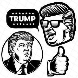 Puede incluir: Ilustraciones gr&aacute;ficas en blanco y negro que presentan un retrato de un hombre, un gesto de pulgar hacia arriba y una burbuja de di&aacute;logo con la palabra "TRUMP". Un retrato est&aacute; en un c&iacute;rculo, y otro muestra al hombre con gafas de sol.