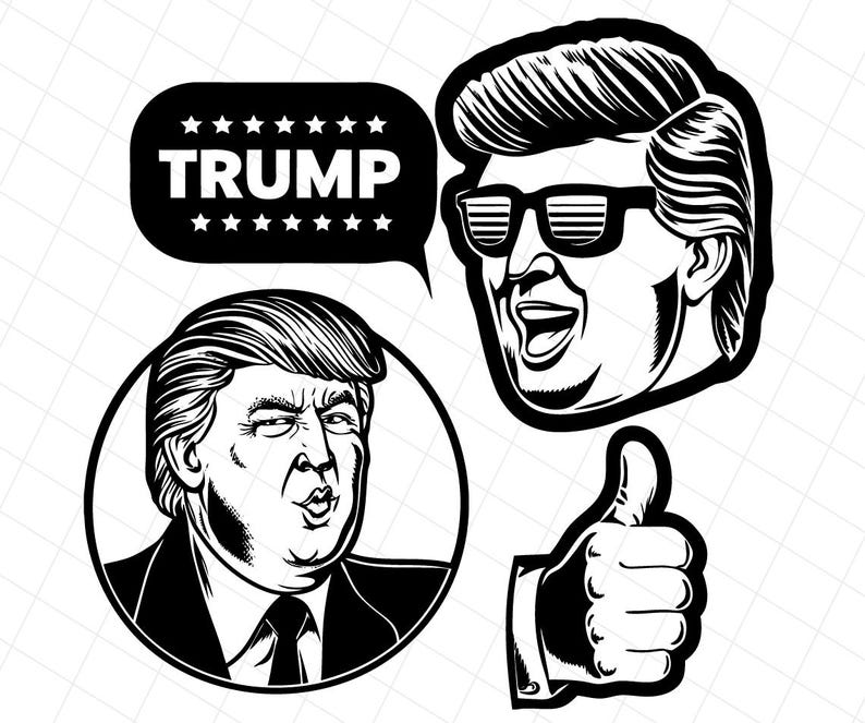 Puede incluir: Ilustraciones gr&aacute;ficas en blanco y negro que presentan un retrato de un hombre, un gesto de pulgar hacia arriba y una burbuja de di&aacute;logo con la palabra "TRUMP". Un retrato est&aacute; en un c&iacute;rculo, y otro muestra al hombre con gafas de sol.