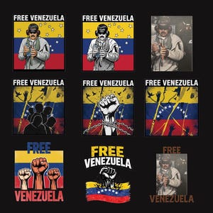 以下が含まれることがあります： 「FREE VENEZUELA」のテキストが入ったグラフィックデザインのコレクション。ベネズエラの国旗、拳、人々のイラストが描かれたデザインもあります。赤、黄、青、黒のカラーパレットを使用しています。