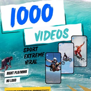 May include: A digital marketing graphic with the text "1000 VIDEOS" in blue and green. The image includes three smartphone screens displaying extreme sports. The words "SPORT, EXTREME, VIRAL" are also visible. The graphic promotes digital productivity.