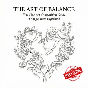 May include: A black and white composition guide titled "THE ART OF BALANCE". The cover shows a heart-shaped design of roses, leaves, doves, and ribbons. The text "Fine Line Art Composition Guide Triangle Rule Explained" is also present.
