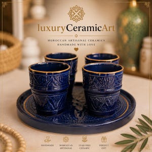 May include: A set of four navy blue ceramic cups with gold rims, displayed on a matching tray. The cups and tray feature intricate embossed patterns. The image includes the text "luxury CeramicArt" and "MOROCCAN ARTISANAL CERAMICS HANDMADE WITH LOVE."