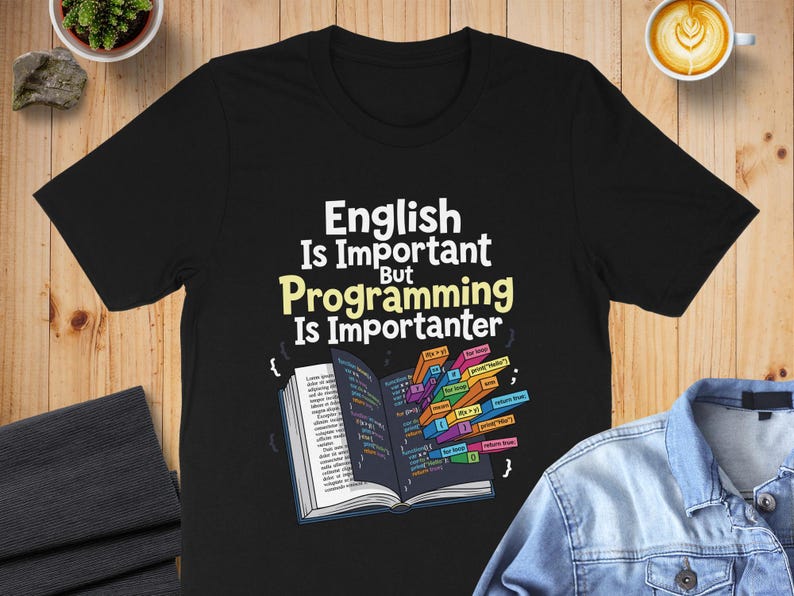 T-shirt with text "English Is Important Programming Is Importanter" and code snippets.