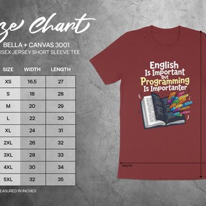 Size chart for Bella + Canvas 3001 unisex jersey tee with programming text graphic.