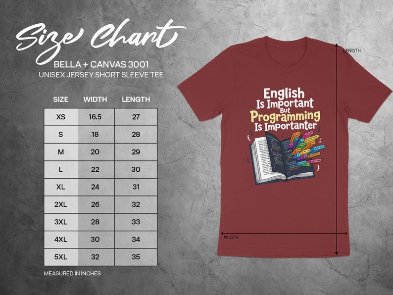 Size chart for Bella + Canvas 3001 unisex jersey tee with programming text graphic.