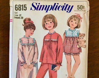 Vintage Sewing Pattern, Simplicity 6815, 1966 Girls Pajamas, Girls Size 12, Night Gown, PJ Tops and Bottoms, PJ Shorts, Cute 1960s Style
