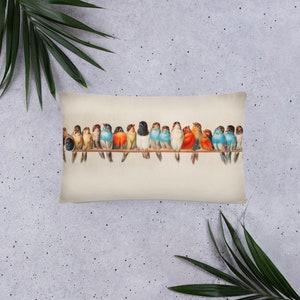 May include: A decorative pillow featuring a vintage illustration of a row of colorful birds perched on a branch. The birds are a variety of colors, including blue, red, yellow, and green.