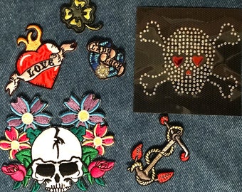 Skull and Tattoo Patches, Set of 6, Rhinestone Skull, Skull with Flowers, Sailor Jerry Anchor, Flaming Heart, Clover Exact Patches as Shown