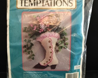 Temptations 1240 Victorian Shoe Wall Vase, , Plastic Canvas Kit, Vintage 1991 Craft Kit, White Pink Shoe, Ruffles, J & L Craft, Linda Ruck