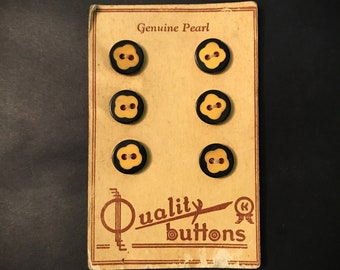 Vintage 1940's Buttons, Round Black w Yellow Flowers, 6 Blouse Buttons, Genuine Pearl, Quality Buttons Brand, Original Card, Retro Sewing
