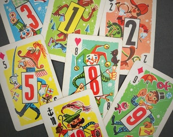 Whitman Crazy Eight Playing Cards, 1950s, Set of Eleven Cards, Cute Clown, Hill Billy, Knight, Scarecrow, Jester, Pirate, Indian, Characters