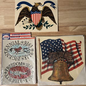 Decalques decorativos vintage Meyercord, águia americana com escudo, sino da liberdade, liberdade liberdade 1776, decalques do bicentenário, adesivos para móveis