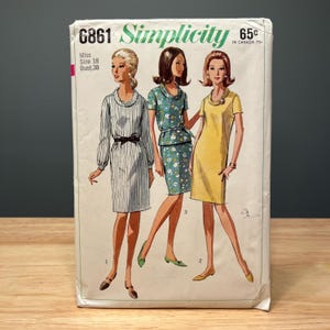 May include: Vintage Simplicity sewing pattern 6861. The pattern features illustrations of three dresses. The cover has the Simplicity logo and the price of 65¢. The pattern is for Miss size 18, bust 38.
