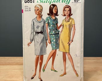 Vintage Schnittmuster, Einfachheit 6861 , Misses ein oder zweiteiliges Kleid, Größe Miss 42, Büste 38, MCM 1966 Taillierte Mode, Rundhalsausschnitt