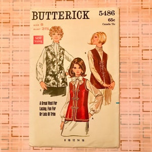Vintage Sewing Pattern, Butterick Pattern 5486, 1970 Fashion, Size 8, Bust 31.5, Great Vest for Lacing, Fun Fur, Ornate Trim,Mid Century Mod