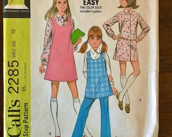 Vintage Schnittmuster, McCalls 2285, 1970 Mädchenmode, Mädchen Größe 12, Kleid, Bluse, Pullover, Schlaghose, Schulmädchen-Stil, niedlich