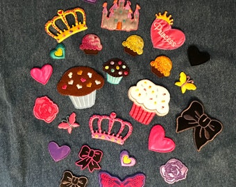 Cute Girly Patches, Set of 25, Hearts, Crowns, Cupcakes, Ribbons, Butterflies, Princess and Castle, Iron or Sew on, Exact Patches as Shown