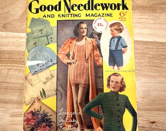 Vintage Good Needlework and Knitting Magazine, October 1938, Knitted Lingerie, Rose Tree Transfer, Special Fashion Supplement, 1930s Fashion