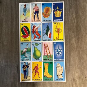 Hoja de tarjetas de bingo español, Mi Pueblo, La Fortuna, 16 imágenes en cada tarjeta, ilustraciones coloridas, hoja de 9 x 16 pulgadas, tarjetas de 2 x 3 3/4