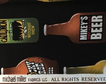 Beer Bottle Design Fabric by Michael Miller, Cotton Quilting Fabric, Novelty Fabric, Medusa Stone Cold Ale, Pirates Gold, One Piece 43 X 18