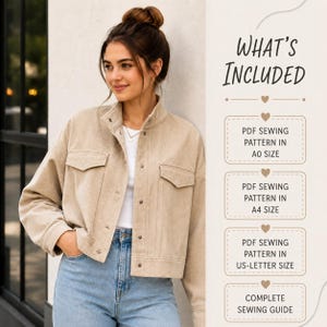 May include: A beige corduroy jacket with a collar, long sleeves, and button-front closure. The text on the right reads: WHAT'S INCLUDED, PDF SEWING PATTERN IN A0 SIZE, PDF SEWING PATTERN IN A4 SIZE, PDF SEWING PATTERN IN US-LETTER SIZE, COMPLETE SEWING GUIDE.