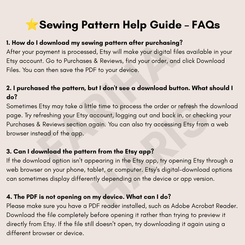 May include: A beige informational graphic titled Sewing Pattern Help Guide - FAQs with a yellow star icon. It lists four numbered questions and answers regarding downloading digital sewing patterns, troubleshooting download buttons, app usage, and PDF file issues.
