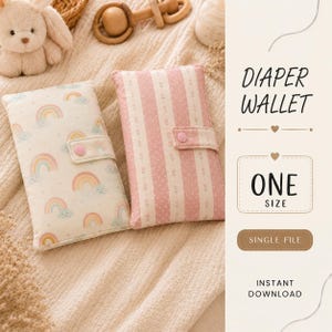 Puede incluir: Dos carteras rectangulares de tela para pañales con cierres a presión. Una tiene un fondo blanco con patrones de arcoíris y nubes, mientras que la otra tiene rayas verticales rosas y blancas con detalles florales. Texto: DIAPER WALLET.
