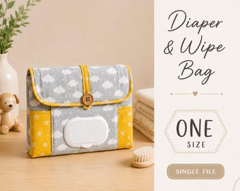 May include: A rectangular fabric diaper and wipe bag featuring a gray and white cloud pattern with yellow star-patterned side panels. The bag has a yellow trim, a central wooden button closure, and a white plastic wipe dispenser lid on the front.