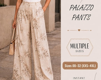 May include: Beige palazzo pants featuring a subtle floral pattern, high-waisted design with pleats, and wide legs. The text on the right reads PALAZZO PANTS, MULTIPLE SIZES, Sizes 00-32 (XXS-4XL), and INSTANT DOWNLOAD. A tan handbag is held at the side.
