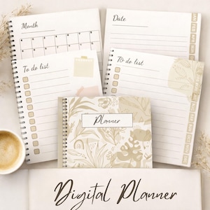 以下が含まれることがあります： ニュートラルカラーの、スパイラル綴じのプランナーとノートのコレクション。画像には、月間カレンダー、To-Doリスト、植物のデザインのプランナーが含まれています。「Planner」と「Digital Planner」の文字が見えます。