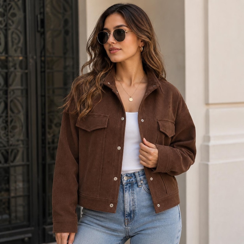 May include: A brown corduroy jacket featuring a collared neckline, long sleeves, and a button-down front closure. The jacket includes two chest pockets with flaps and silver-toned metal buttons, worn over a white top and light blue denim jeans.