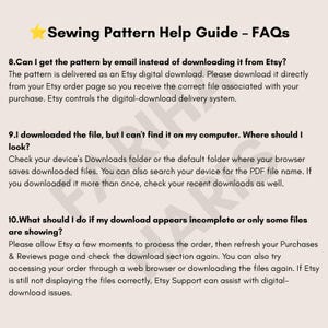May include: A beige informational graphic titled Sewing Pattern Help Guide - FAQs with a yellow star icon. It lists three numbered questions and answers regarding Etsy digital download delivery, locating downloaded files, and troubleshooting.