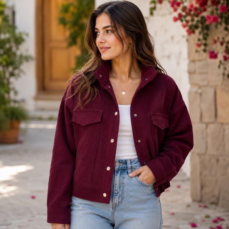 May include: A deep burgundy corduroy jacket featuring a collared neckline, long sleeves, and a front button-down closure with metallic buttons. The jacket includes two chest pockets with flaps and is worn over a plain white top and light blue jeans.