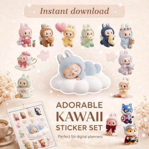 Lumi Bunny Kawaii Aufkleber PDF | Plüsch-Puppe PNG Clipart | Gemütlicher Pastell Planer | Sofort Download