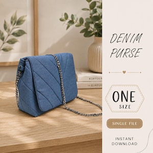 May include: A blue denim purse with a quilted diagonal pattern and a silver-tone metal chain strap. The image includes text that reads: DENIM PURSE, ONE SIZE, SINGLE FILE, INSTANT DOWNLOAD. The purse is shown from a side angle on a wooden surface.