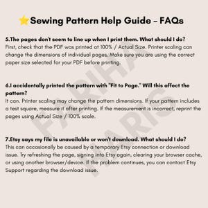 May include: A Sewing Pattern Help Guide FAQ document with a yellow star icon. It addresses printing issues like page alignment, scaling at 100% or Actual Size, checking test squares, and troubleshooting Etsy file download errors or connection problems.