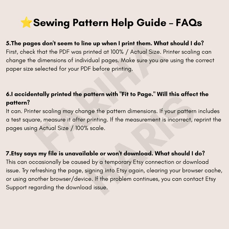 May include: A Sewing Pattern Help Guide FAQ document with a yellow star icon. It addresses printing issues like page alignment, scaling at 100% or Actual Size, checking test squares, and troubleshooting Etsy file download errors or connection problems.