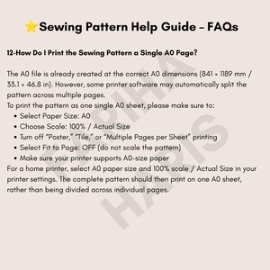 May include: A Sewing Pattern Help Guide FAQ document with a yellow star icon. The text explains how to print an A0 sewing pattern on a single page, specifying dimensions of 841 x 1189 mm or 33.1 x 46.8 inches and listing printer settings like 100% scale.