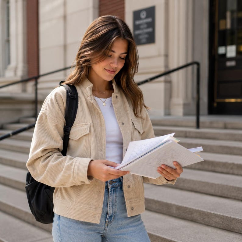 May include: A beige corduroy button-down jacket with two chest pockets, worn over a white t-shirt with light blue denim jeans. A black backpack is carried on the shoulders, and a spiral-bound notebook with handwritten notes is held in the hands.