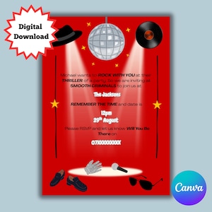 May include: Red party invitation with a disco ball, record, and fedora illustrations. Text includes "Michael wants to ROCK WITH YOU" and "The Jacksons" with the date "29th August". Includes the text "Digital Download".