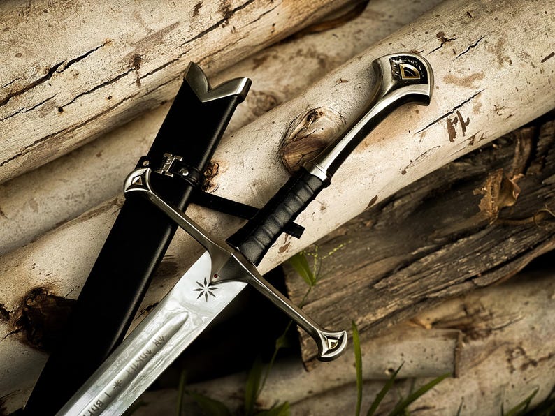 Puede incluir: Una espada plateada con una empu&ntilde;adura envuelta en cuero negro y una vaina negra descansa sobre troncos de abedul. La hoja de la espada presenta un dise&ntilde;o en forma de estrella y texto grabado. La guarda y los herrajes de la vaina son plateados.