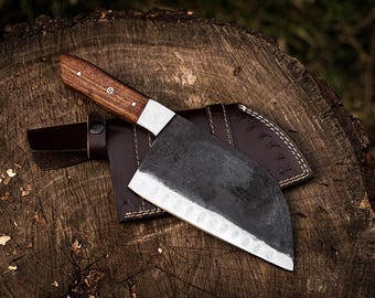Hand-Forged Serbian Chef Cleaver – Full Tang Carbon Steel Butcher Knife with Wood Handle & Leather Sheath – Kitchen and Outdoor Cooking Tool