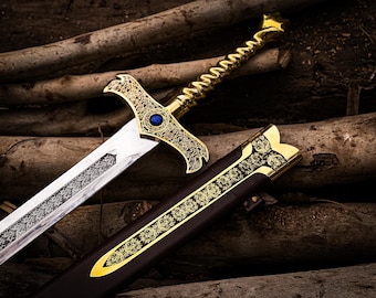 Merlin Sword Rise of the Merlin Inspired Medieval Kings Longsword with Engraved Steel Blade Ornate Gold Scabbard,Christmas Gift,Gift for him