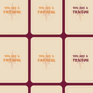 May include: Cards with text that reads "YOU ARE A FAITHFUL" and "YOU ARE A TRAITOR". The cards have a beige background with a compass rose design. The text is in a serif font.