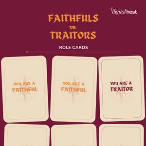 May include: Role cards with text that reads "Faithfuls vs. Traitors" and "Role Cards". The cards are beige with a compass design and text that says "You are a Faithful" or "You are a Traitor". The background is a dark maroon color.
