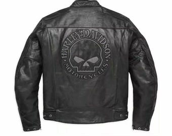 Men's Harley Davidson Reflective Skull Black Leather Motorcycle jacket - CUIR Blouson Biker jacket - bike riding jacket